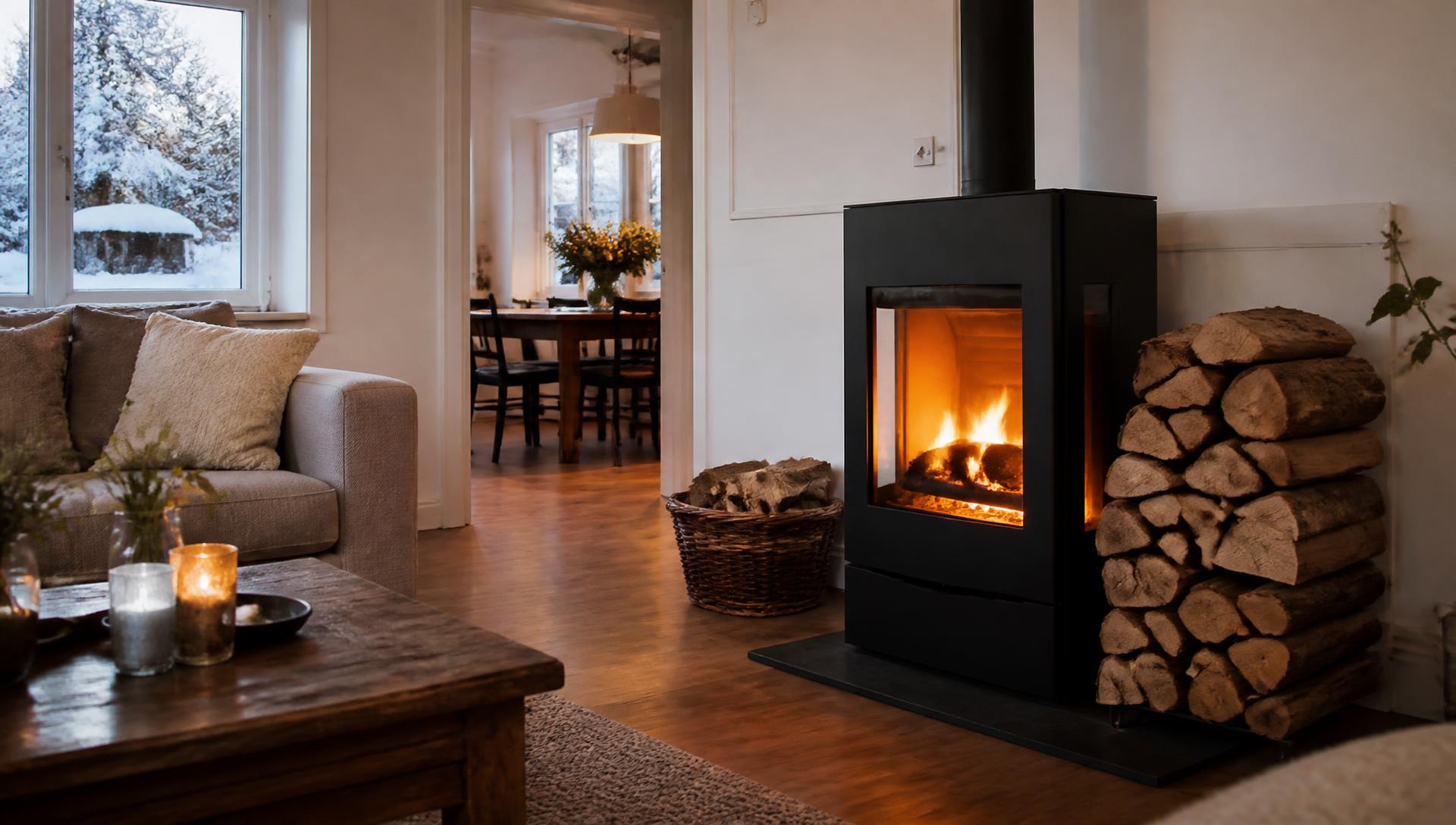 Kaminofen mit Brennholz in einem europäischen Wohnzimmer